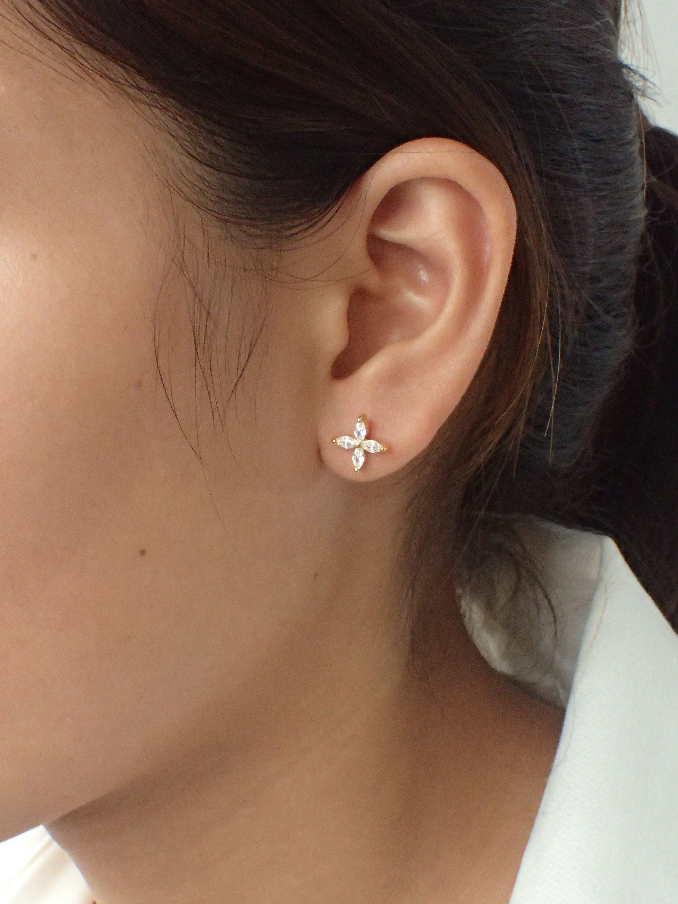 Marquise Stud Earrings / Marquise Cut Moissanite Earrings / Minimalist Flower Earrings / Floral Studs / Wedding Gift